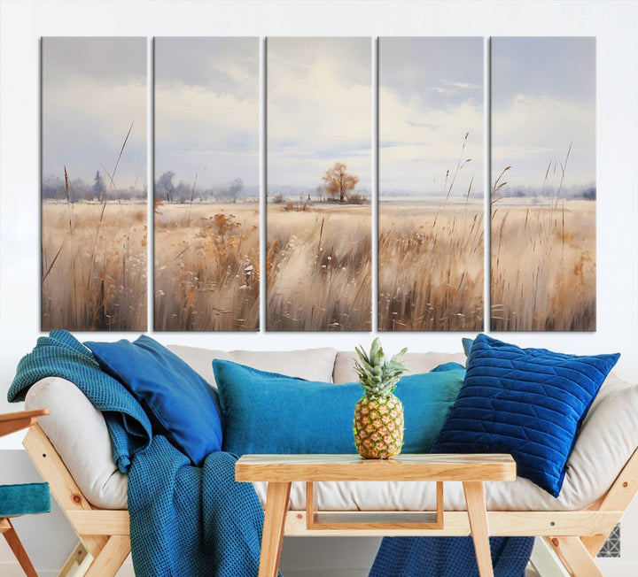 The modern living room features the Golden Fields Canvas Wall Art Print – Serene Landscape of Nature’s Tranquility in Minimalist for Farmhouse Decor, showcasing serene golden fields that enhance the calming ambiance.