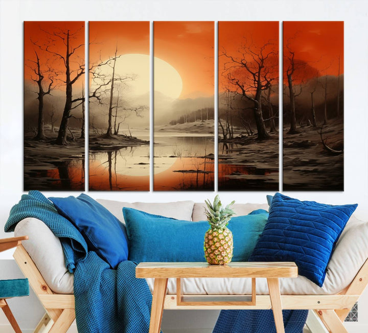 The "Abstract Watercolor Trees and Sunset on Lake Wall Art" is a triptych masterpiece, showcasing an orange-hued landscape of barren trees and a large sun. Displayed on museum-quality canvases with UV-protective coating, it creates a striking visual element in any space.