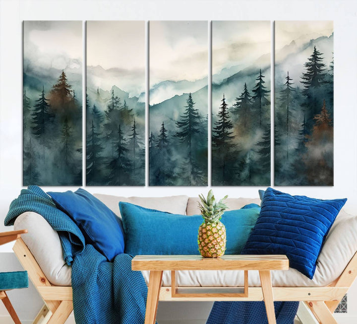 A set of Serenity Forest Wall Art Canvas prints, showcasing foggy mountain landscapes, is displayed in the living room.