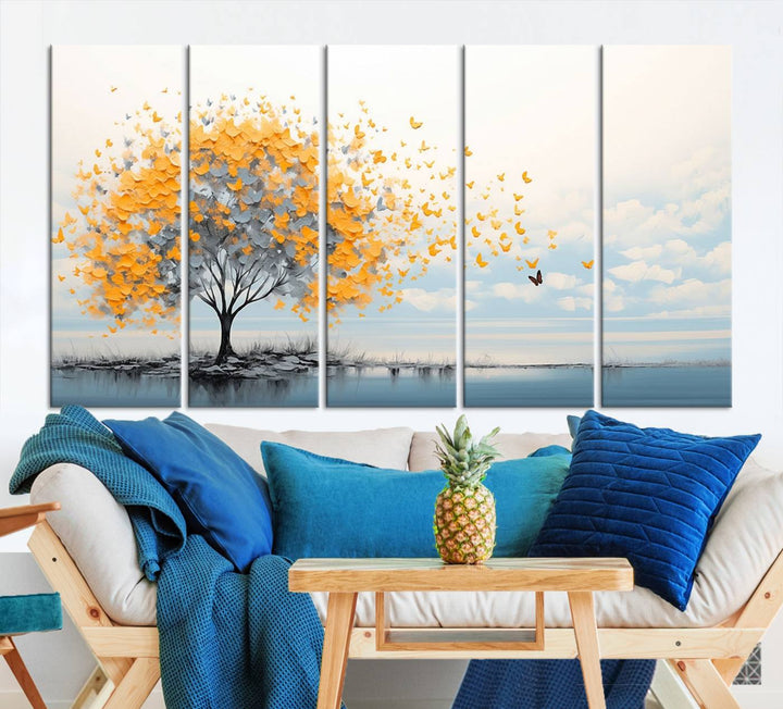 A Butterfly Tree Wall Art Canvas, featuring a modern tree adorned with yellow butterflies, decorates the wall.