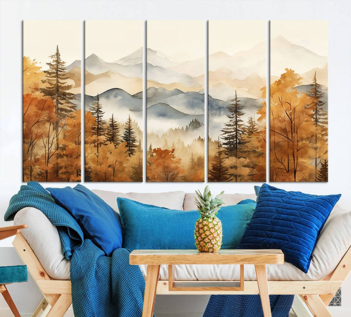 Abstract Mountain Mist Canvas Wall Art – Tranquil Autumn Forest and Misty Peaks - Ready to Hang