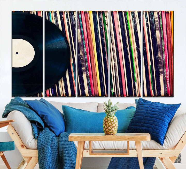 The room showcases the "Vinyl Record and Album Collection Canvas Wall Art," a perfect retro music decor piece for vintage vinyl lovers.