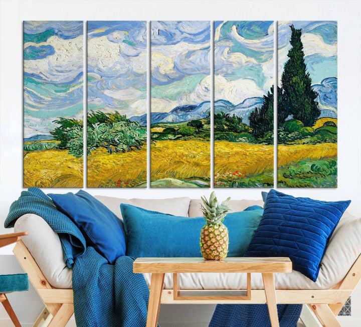 A contemporary living room features a large triptych of "Wheatfield With Cypresses By Van Gogh Painting Wall Art Canvas Print." Crafted on museum-quality canvas, this artwork brings a sense of elegance and craftsmanship reminiscent of professional artistry.