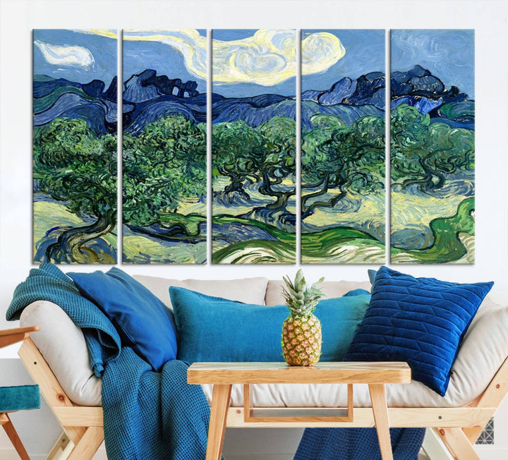 The Olive Trees Van Gogh Wall Art Canvas Print enhances the living room with its vivid landscape on museum-quality canvas, complete with a UV-protective coating.