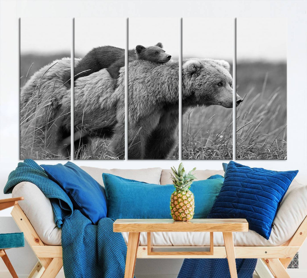 Baby Bear and Mom Bear Family Black & White Canvas Print Wall Art Canvas