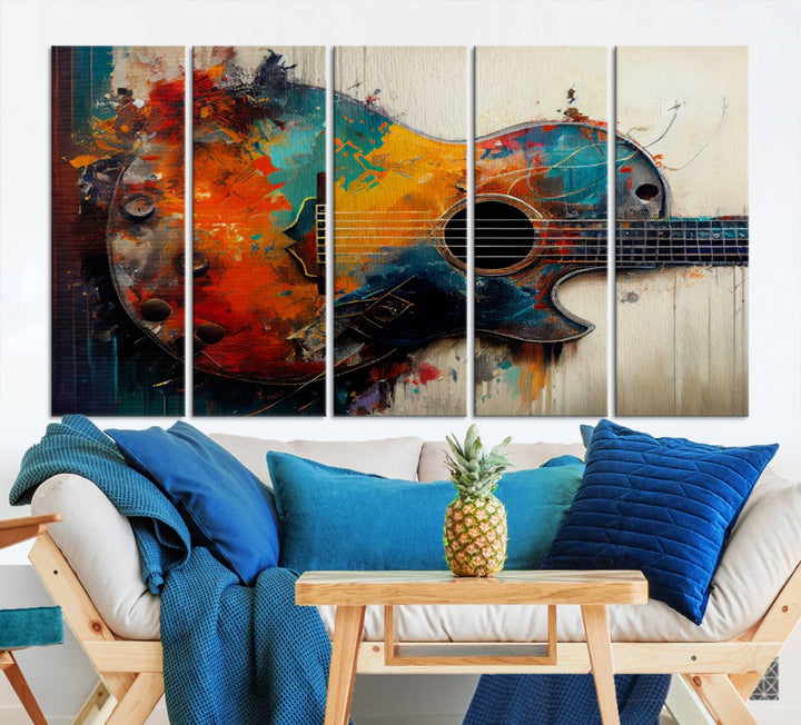 Abstract Guitar Wall Art Canvas | Vibrant Music-Inspired Art for Living Room or Studio | Colorful Music Decor Canvas Print