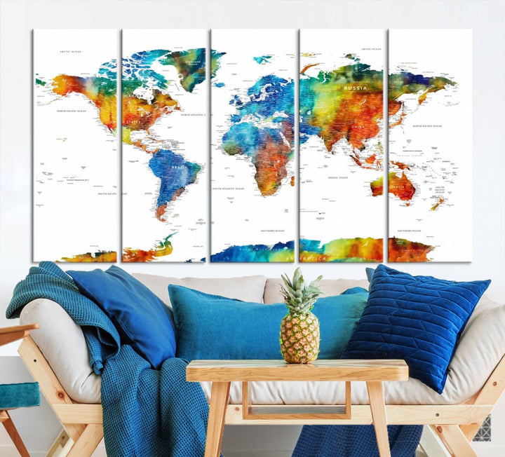 Mixcolor World Map Wall Art Canvas Print, showcasing vibrant colors and a gallery-quality finish.