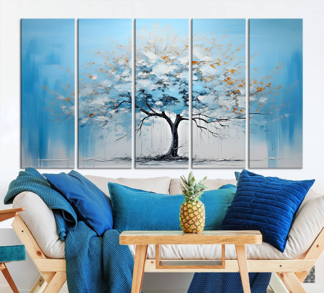 Modern living room featuring the Large Blue Abstract Tree Wall Art Canvas Printing. Enjoy the elegance with free shipping.