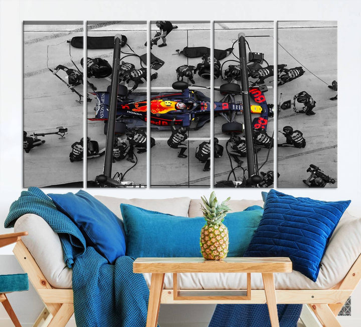 The RedBull Formula 1 Canvas Wall Art Print, a set of three gallery-quality pieces, elegantly adorns the wall.