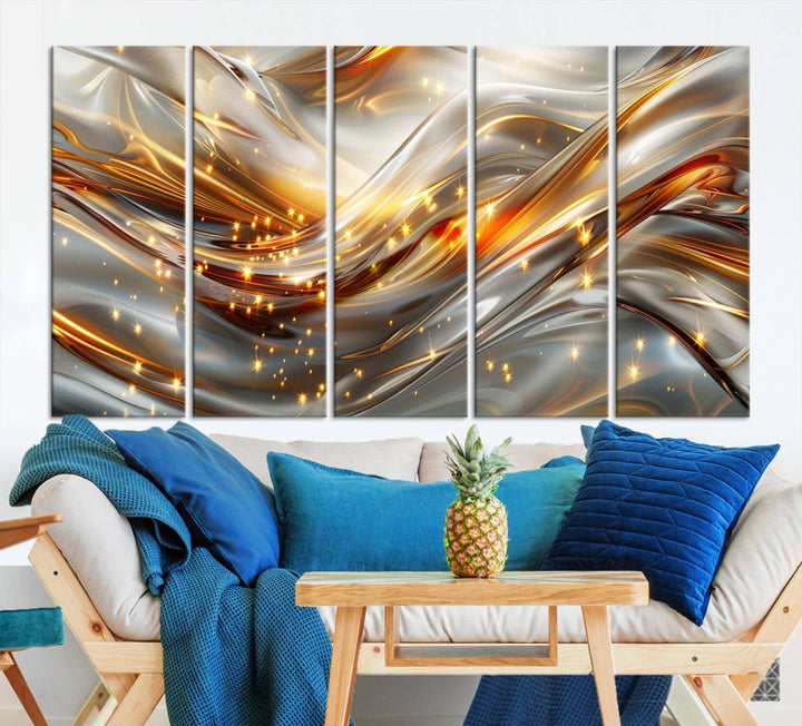 The Elegant Modern Gold Abstract Wall Art - Premium Framed Canvas Print for Home & Office Decor showcases a captivating triptych with swirling metallic designs and golden sparkles, perfectly enhancing contemporary interiors.