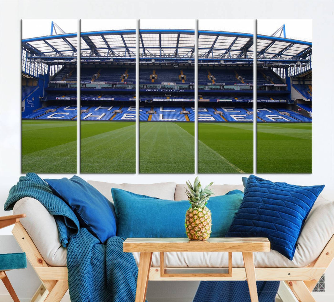 The Chelsea FC Soccer Team Print - Stamford Bridge Stadium Wall Art Canvas Print hangs elegantly, bringing the thrill of the game into your living room.