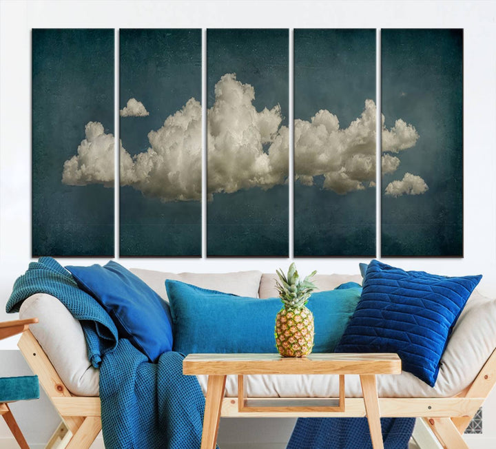 The Vintage Green Clouds Wall Art Canvas Print, set against a teal backdrop, showcases breathtaking canvas artwork with a gallery-quality finish.