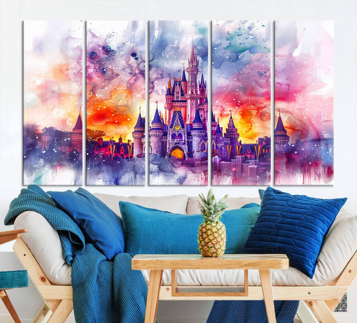 A vibrant piece of wall art depicting the Cinderella Castle from Disneyland, presented as a watercolor painting on premium canvas, is displayed.