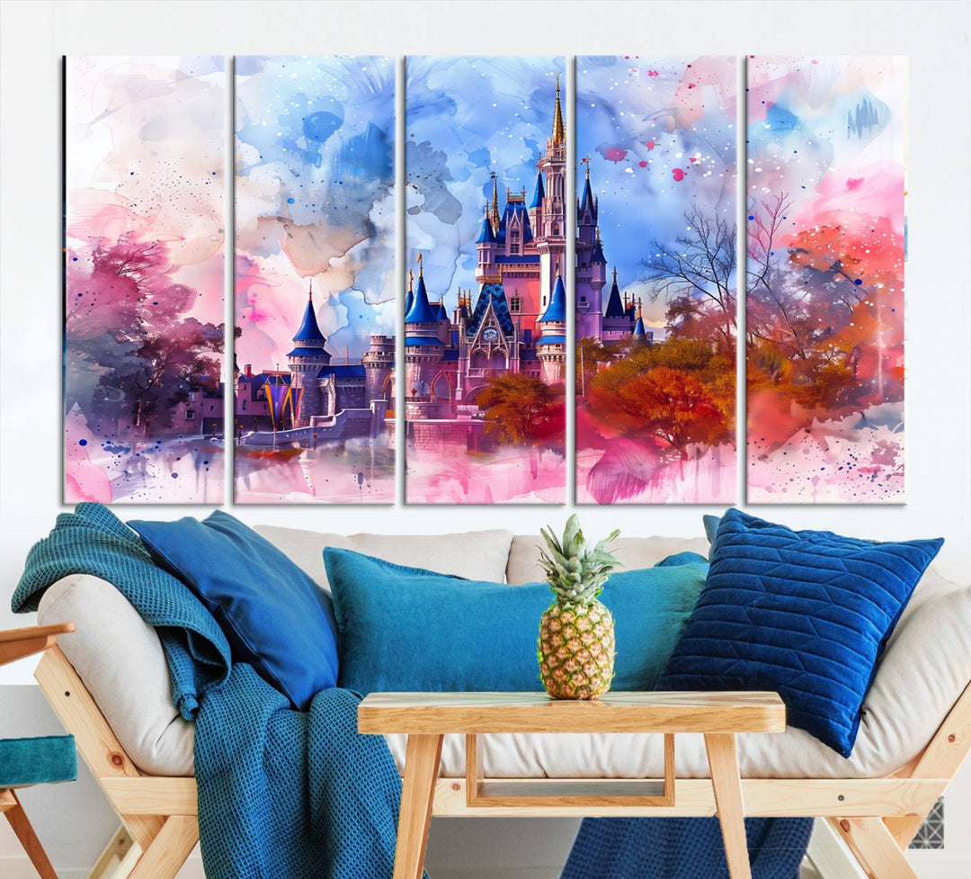 The Disney Wall Art: Dreamy Watercolor Cinderella Castle Canvas Print features a fairy-tale castle with vibrant pink, blue, and purple hues. Expertly handmade in the USA, this premium canvas wall art adds a touch of enchantment to any room.