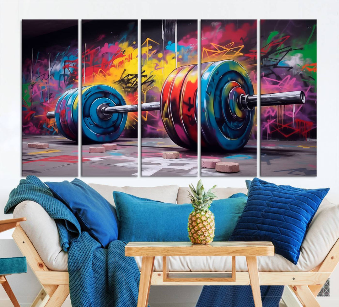 Colorful Graffiti Barbell Canvas Wall Art – Urban Fitness Meets Bold Street Art – Ready to Hang