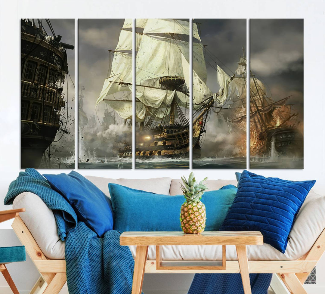 The Pirate Ship War Wall Art Canvas Print, featuring a stunning three-panel depiction of an intense sea battle with tall ships, boasts a gallery-quality finish that adds an elegant touch to its display.