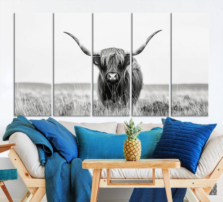 The living room is enhanced by a stunning three-panel Longhorn Wall Art Canvas Print. This museum-quality piece of Texas Longhorn Art comes on a gallery-wrapped canvas with a UV-protective coating to keep it vibrant under everyday light exposure.