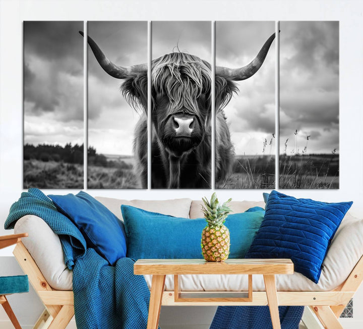 A stunning gallery-quality piece, the "Scottish Cow Wall Art Canvas Print | Longhorn Wall Art | Bighorn Animal Wall Art," depicts a Highland cow with long horns and shaggy fur. This captivating wall art elegantly enhances the space.