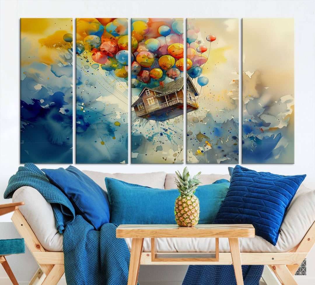 The Cartoon Movie Wall Art Canvas Print, featuring a vibrant house lifted by balloons and split across three panels, serves as captivating wall art. Handmade in the USA, it adds charm and whimsy to any space.