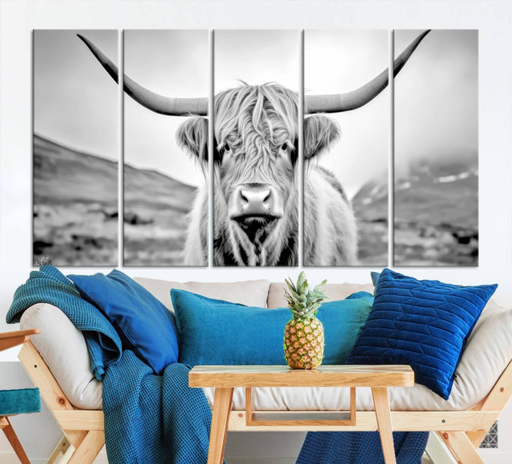 A "Scottish Cow Wall Art Canvas Print" with a gallery-quality finish hangs prominently.