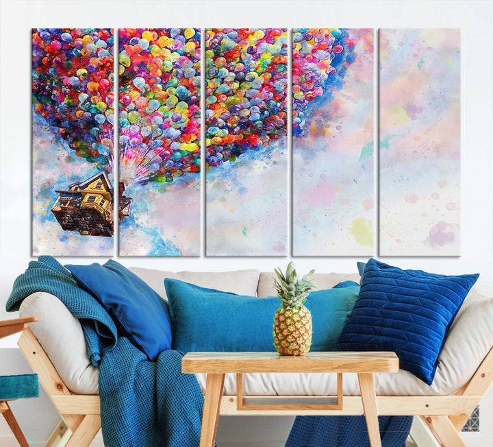 The "Watercolor Cartoon Movie Balloons Canvas Print" is showcased, depicting a whimsical house being lifted by colorful balloons. This triptych wall art is crafted on museum-quality canvases with a UV-protective coating to maintain its vibrant colors, making it ready to hang in any room.