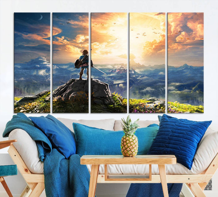 The Legend of Zelda Breath of the Wild Game Wall Art Canvas Print showcases a fantasy landscape with a character on a cliff, all rendered in gallery-quality finish on premium canvas.