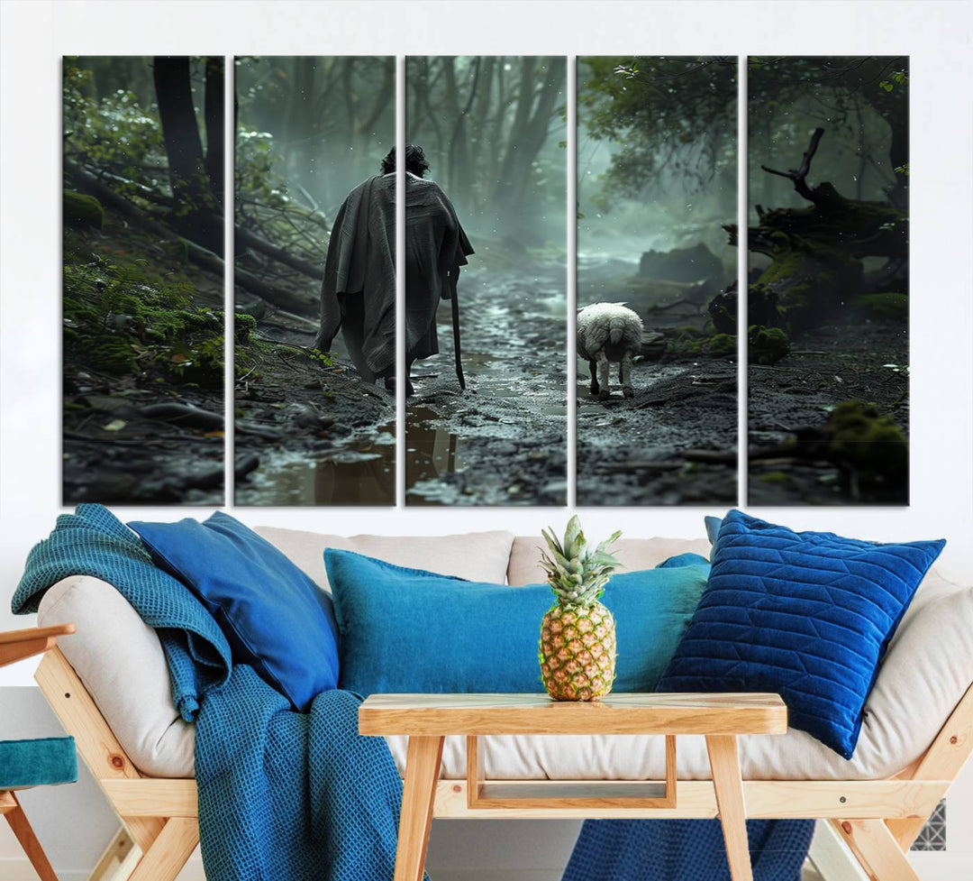 The "Forest Jesus Shepherd Canvas Wall Art" features a person with a cane, clothed in a cloak, walking beside a sheep through a misty forest. This piece captures tranquility and is ideal for adding serenity to your living room, office, or bedroom decor.