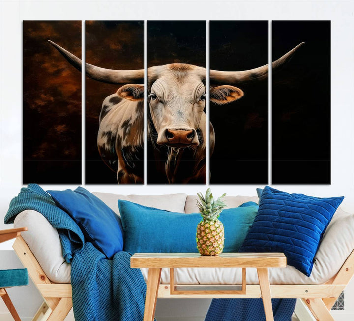 The Texas Longhorn Wall Art, a 3-panel large canvas print, infuses the room with a dash of cowboy charm.