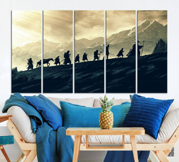 A canvas print titled "Lord of the Rings Silhouette Wall Art Capturing the Epic Quest Through Middle-Earth - The Fellowship's Journey" is displayed.