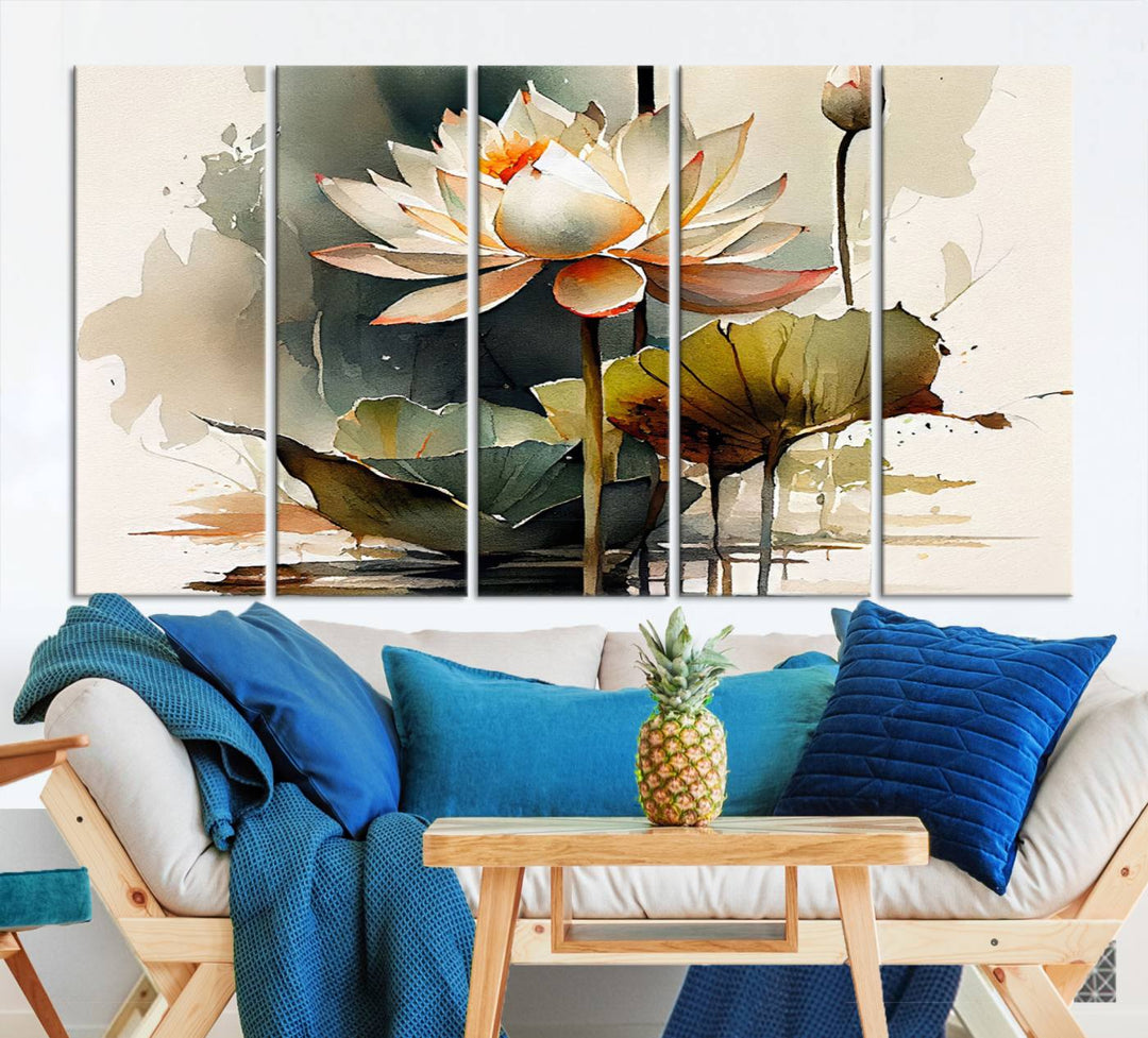 The Lotus Flower Watercolor Canvas Print, a contemporary wall art piece symbolizing serenity and growth with its soft watercolors, adorns the wall.