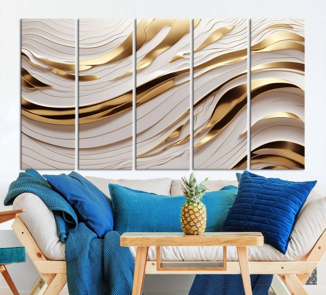 The "Gold and White Abstract Wave Canvas – Elegant Flowing Design with Luxurious Golden Accents" beautifully enhances the area and creates a stunning focal point in the room.