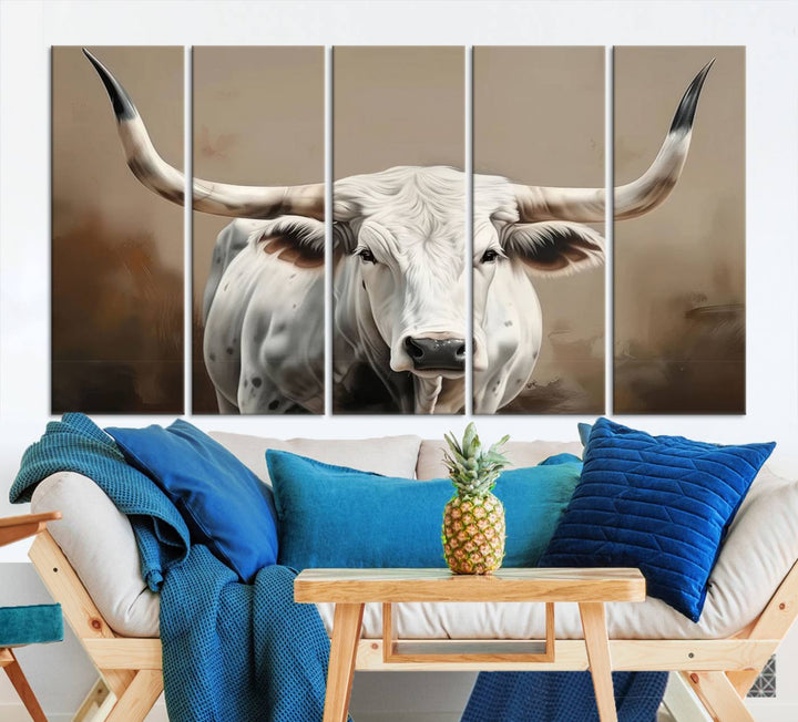 Texas Longhorn Canvas Wall Art features a triptych design on premium canvas with a gallery-quality finish.