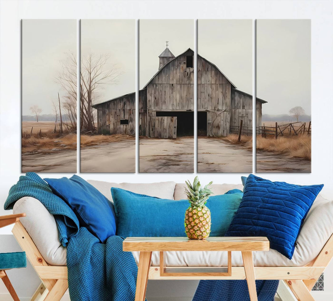 A framed and ready-to-hang Farmhouse Rustic Barn Wall Art Canvas Print is displayed against a gray wall. This stylish modern living room seamlessly combines rural life wall décor with contemporary comfort.