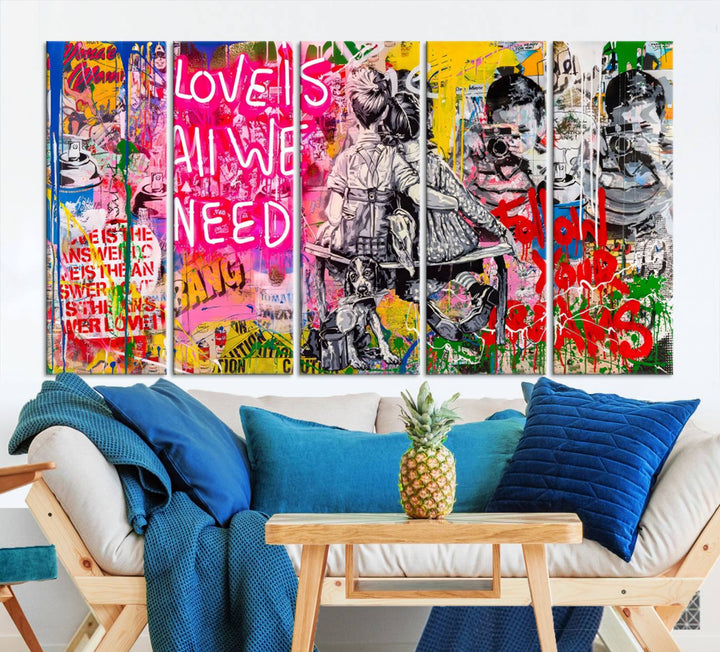 A vivid display of the "Follow Your Dreams & Love is All We Need" graffiti street art energizes a modern room with its three-panel arrangement. This bold giclee canvas print infuses any contemporary space with dynamic flair.