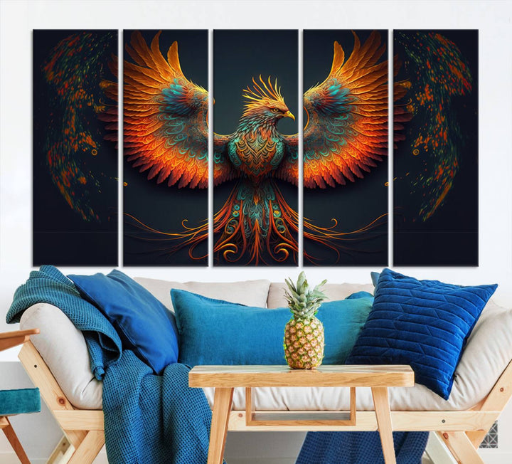 The Majestic Phoenix Wall Art Canvas Set, a fiery symbol of rebirth and strength, graces the wall.