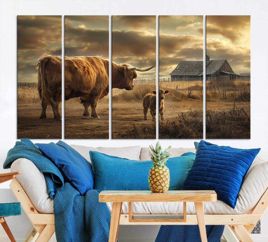 The living room features the "Highland Cow Canvas Wall Art Animal Print Pictures Fluffy Cattle Art," which captures a cow and calf in a rural sunset scene, adding gallery-quality charm.