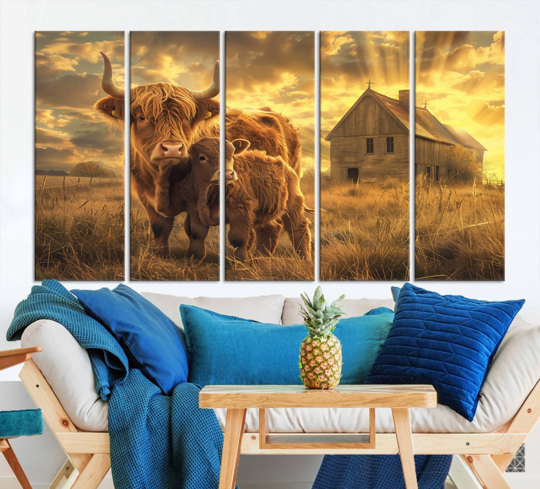 The room features the Barn and Highland Cow Canvas Wall Art Animal Print, a three-panel canvas depicting cows in a sunset field with a rustic barn backdrop. This handmade piece brings charm and character with its gallery-quality finish.