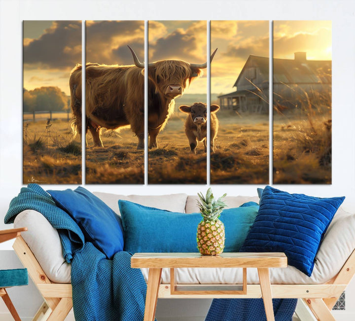 The "Highland Baby Cow Canvas Wall Art Animal Print" triptych art piece showcases a cow and calf in a sunlit field with a barn in the background.