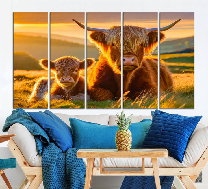 The living room showcases a gallery-quality finish with the Scottish Cow and Baby Cow Canvas Wall Art, featuring a charming animal print of fluffy cattle as the centerpiece. This stunning piece is displayed on premium canvas, creating an inviting atmosphere.