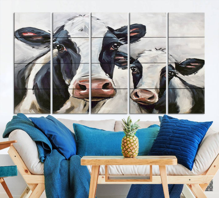 The Vintage Baby and Mom Cattle Wall Art Canvas Print is prominently displayed, adding a touch of contemporary and farmhouse decor to the modern living room.