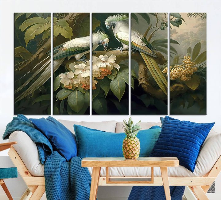 Crafted in the USA, this Tropical Paradise Print wall art features a stunning parrot amidst a lush forest and beautiful flowers.