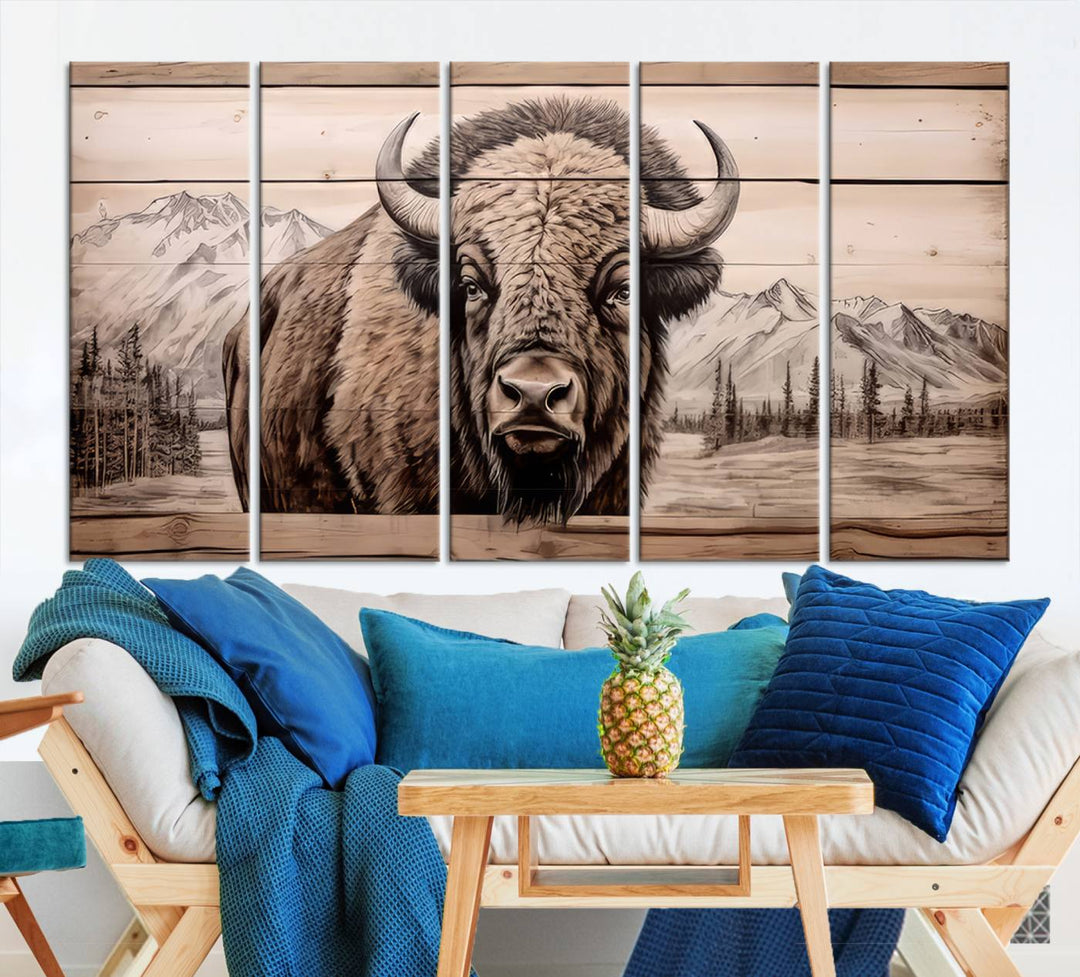 A stunning triptych artwork from the "Bison Canvas Wall Art American Buffalo Print Rustic Decor for Farmhouse Wall Art" collection graces the modern living room. Its vibrant colors are enhanced by museum-quality canvas and a UV-protective coating. The gallery-wrapped piece adds elegance to the space.