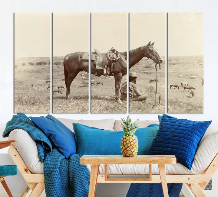 The "Serene Cowboy and Horse Resting on the Prairie" canvas print beautifully captures the essence of the American West, featuring a vintage cowboy resting under his horse in a grassy field with grazing cattle. This ready-to-hang western wall art adds a touch of nostalgia to any space.