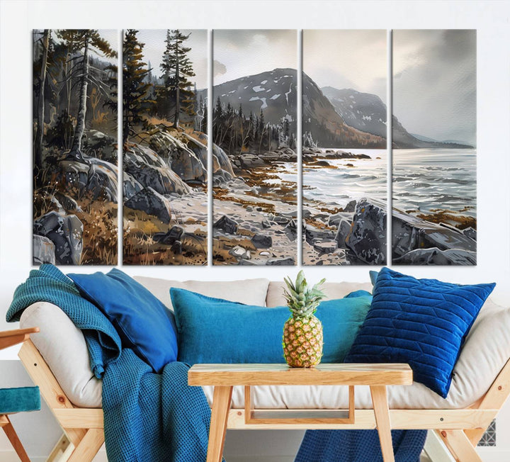 The stunning Serene Coastal View of Acadia National Park is a 3-panel wall art canvas print that beautifully captures a tranquil mountain and lake scene.