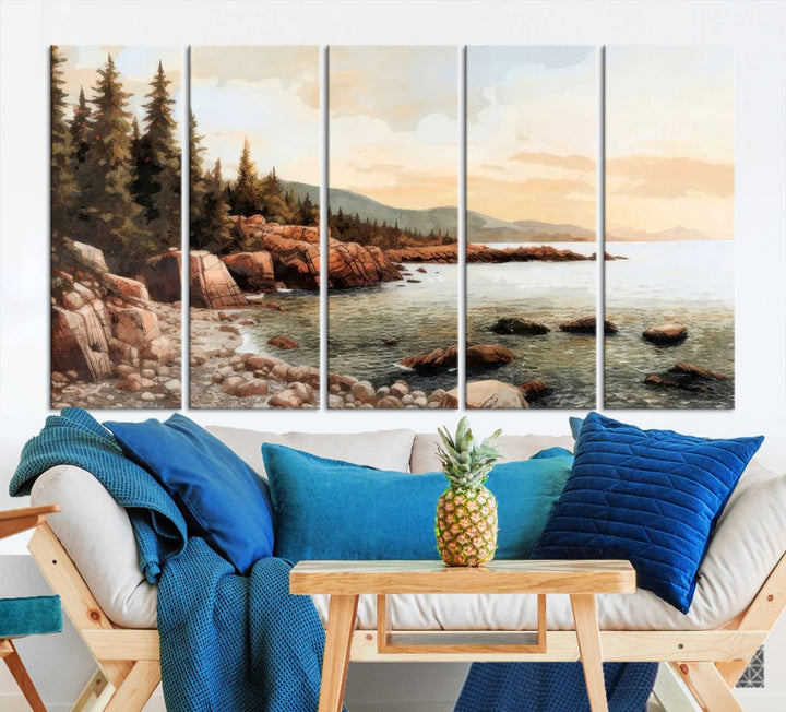 Serene Coastal View of Acadia National Park - Stunning 3-Panel Wall Art Canvas Print, Framed, Ready to Hang