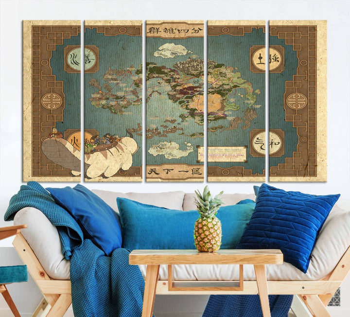 Hanging above is the Avatar: The Last Airbender Vintage Map - Wall Art Canvas Print, framed and ready to hang, showcasing an enchanting glimpse into the iconic four nations design.