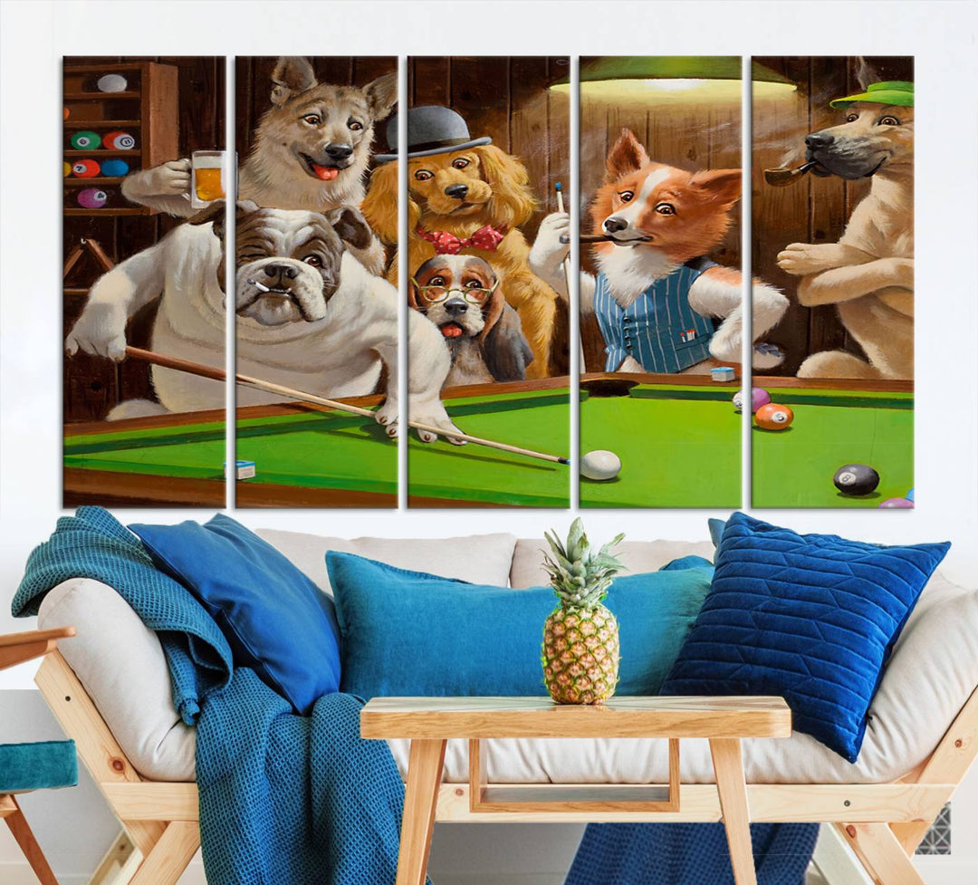 The "Dogs Playing Pool Canvas Wall Art" features a whimsical scene of dogs dressed as humans playing pool in a bar, presented as a three-panel display with a gallery-quality finish.