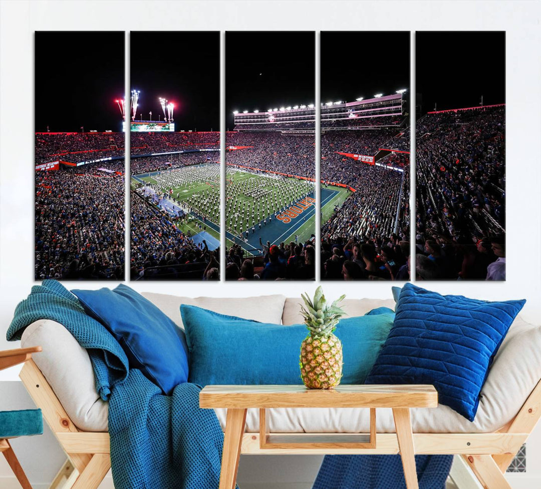 Ben Hill Griffin Stadium Night Game Triple Canvas Wall Art - Florida Gators Football Match