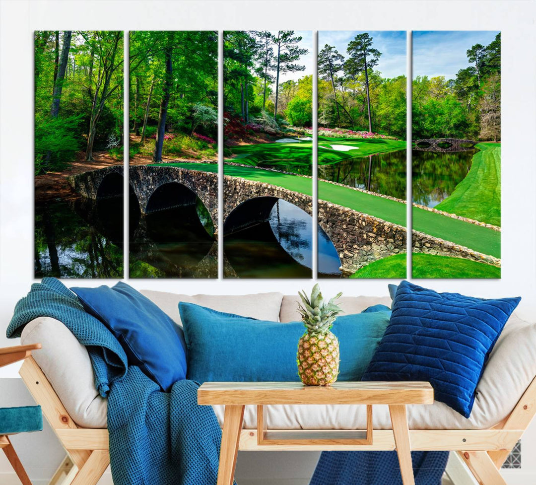 Augusta National Golf Club Wall Art - Panoramic Bridge & Lush Greenery – Premium Framed, Ready-to-Hang Triptych Canvas