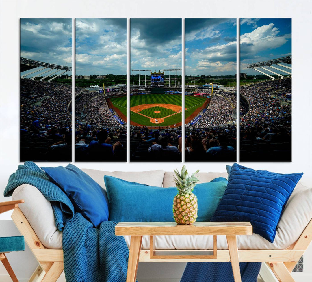 Kauffman Stadium Day Game Triple Canvas Wall Art - Kansas City Royals MLB Match